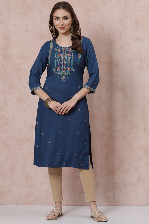Olive Green LIVA Straight Kurta image number 2